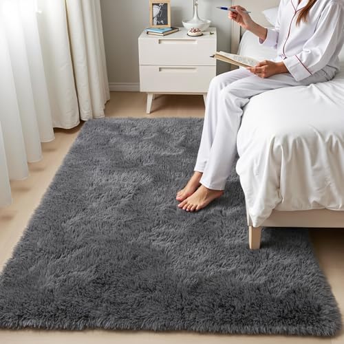 Zentavio Area Rugs for Living Room Small Carpet for Bedroom 3x5 Bedside Washable Soft Fluffy Shag Aesthetic Plush High Pile Throw Rug for Nursery Kids Room Dorm Room Grey - Image 1