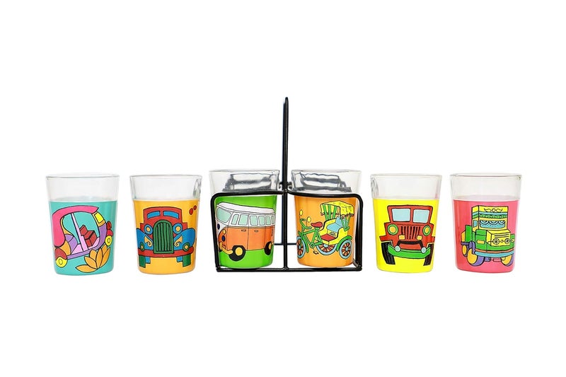 A Krazy Mug Colourful Design Vehicles Hand Painted Traditional Tapri Tea Glasses with Iron Container Stand Holder Multicolor Set of 6 90ml - Image 3