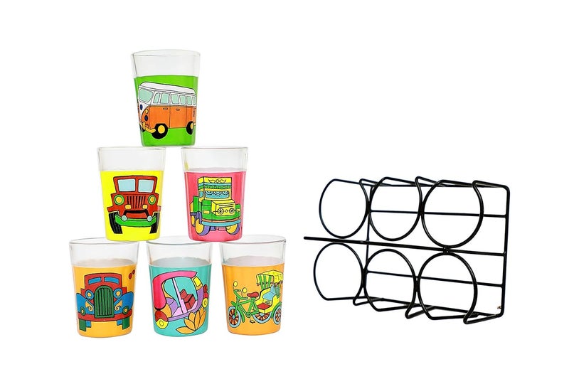A Krazy Mug Colourful Design Vehicles Hand Painted Traditional Tapri Tea Glasses with Iron Container Stand Holder Multicolor Set of 6 90ml - Image 2