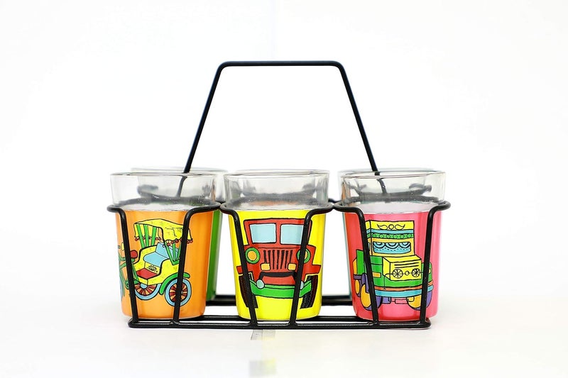 A Krazy Mug Colourful Design Vehicles Hand Painted Traditional Tapri Tea Glasses with Iron Container Stand Holder Multicolor Set of 6 90ml - Image 5