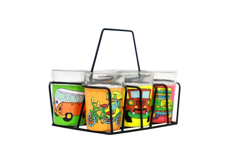 A Krazy Mug Colourful Design Vehicles Hand Painted Traditional Tapri Tea Glasses with Iron Container Stand Holder Multicolor Set of 6 90ml - Image 4