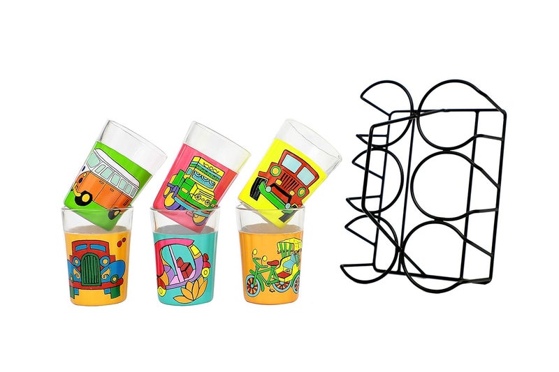 A Krazy Mug Colourful Design Vehicles Hand Painted Traditional Tapri Tea Glasses with Iron Container Stand Holder Multicolor Set of 6 90ml - Image 1