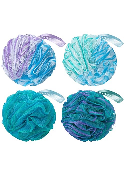 AmazerBath - AmazerBath Loofah Sponge 60g/Piece, Exfoliating Bath Sponge Body Scrubber - Loofa Set of 4 Flower Color (Green-Purple) - Image 1