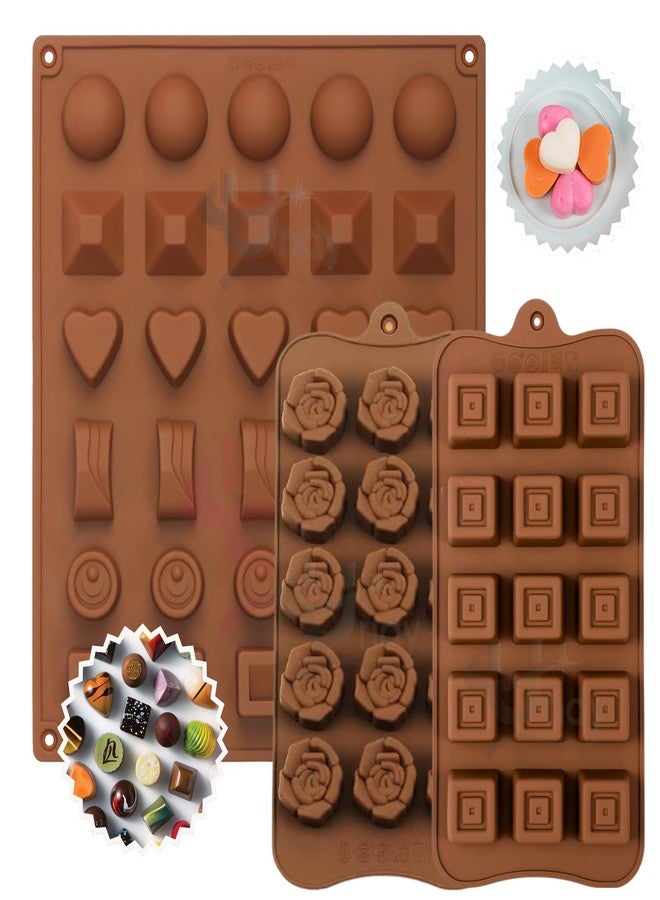 Undy 3 Pcs Chocolate Mould Set | Heart Square Rectangle Round Sphere Rose Pyramid Shape | Silicone Mold for Candy Jelly Wax Melts Mini Soaps Ice Cubes | Reusable Non-Stick | 60 Cavity | Brown - Image 1