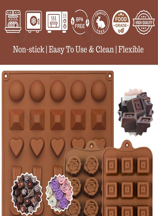 Undy 3 Pcs Chocolate Mould Set | Heart Square Rectangle Round Sphere Rose Pyramid Shape | Silicone Mold for Candy Jelly Wax Melts Mini Soaps Ice Cubes | Reusable Non-Stick | 60 Cavity | Brown - Image 2