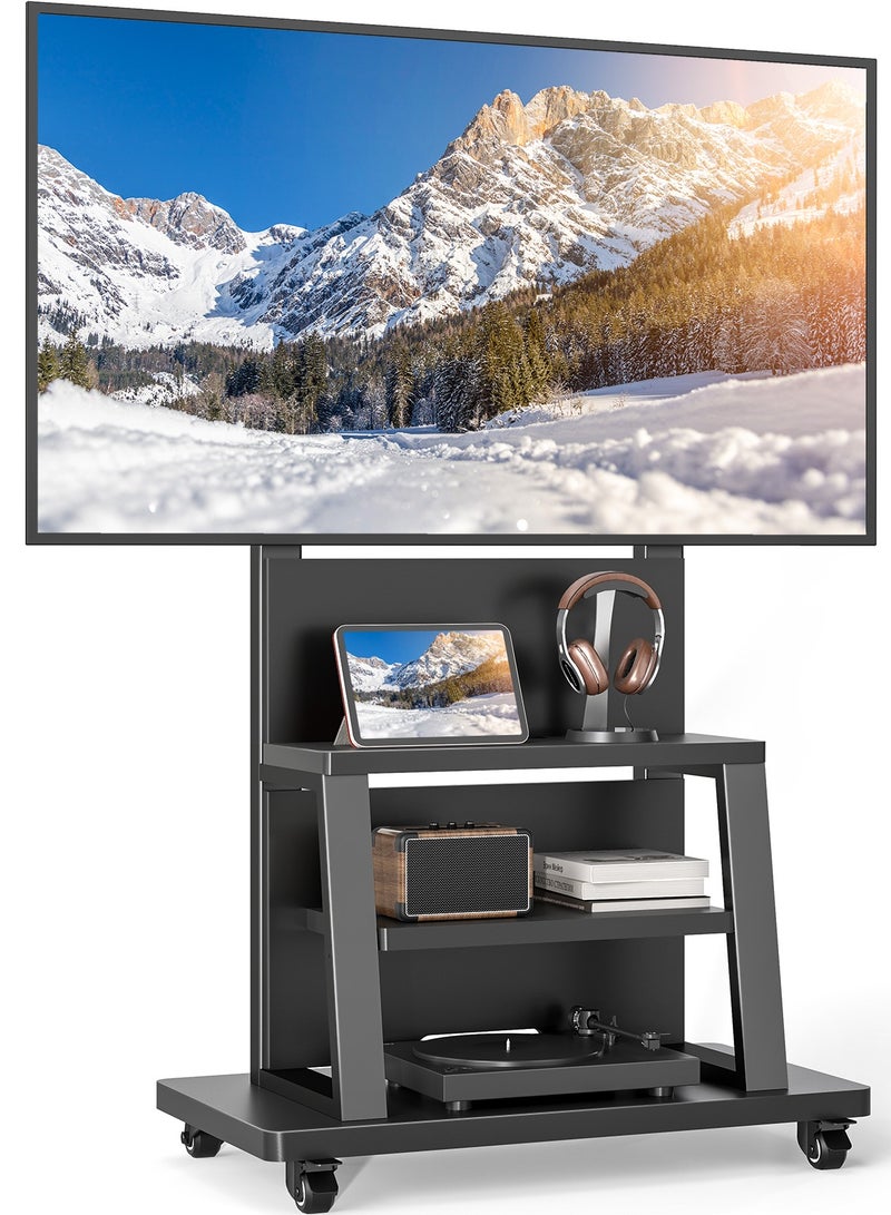 Rfiver Mobile TV Stand for 37–75 Inch TVs, Heavy-Duty Rolling TV Cart with 3-Tier Media Shelves, Height Adjustable TV Floor Stand, Lockable Wheels, VESA Up to 600x400 mm, 68 kg Capacity, Black | MT6002 - Image 1