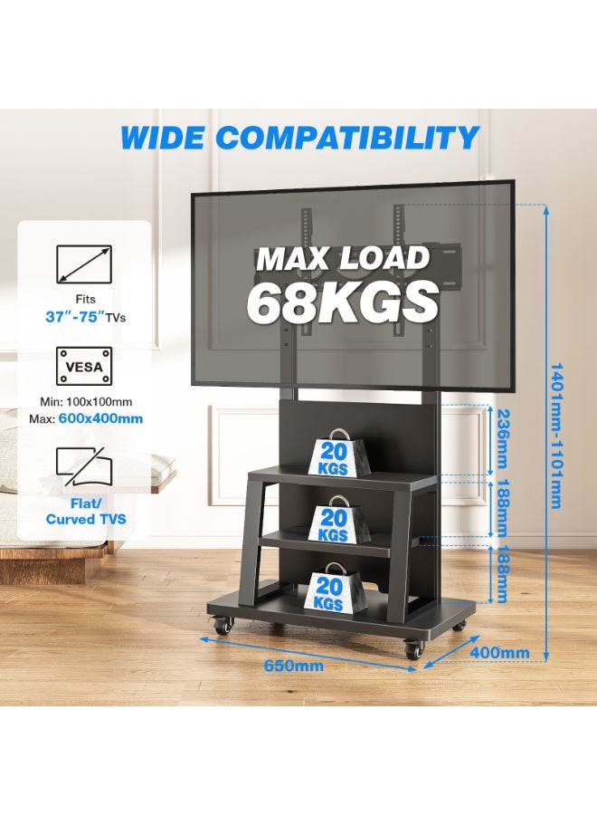 Rfiver Mobile TV Stand for 37–75 Inch TVs, Heavy-Duty Rolling TV Cart with 3-Tier Media Shelves, Height Adjustable TV Floor Stand, Lockable Wheels, VESA Up to 600x400 mm, 68 kg Capacity, Black | MT6002 - Image 3