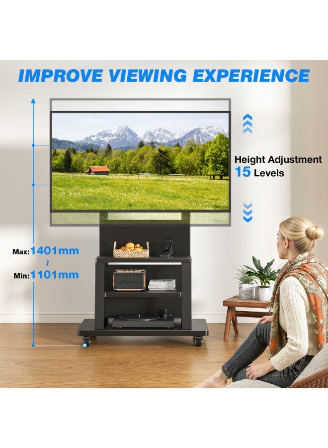 Rfiver Mobile TV Stand for 37–75 Inch TVs, Heavy-Duty Rolling TV Cart with 3-Tier Media Shelves, Height Adjustable TV Floor Stand, Lockable Wheels, VESA Up to 600x400 mm, 68 kg Capacity, Black | MT6002 - Image 2