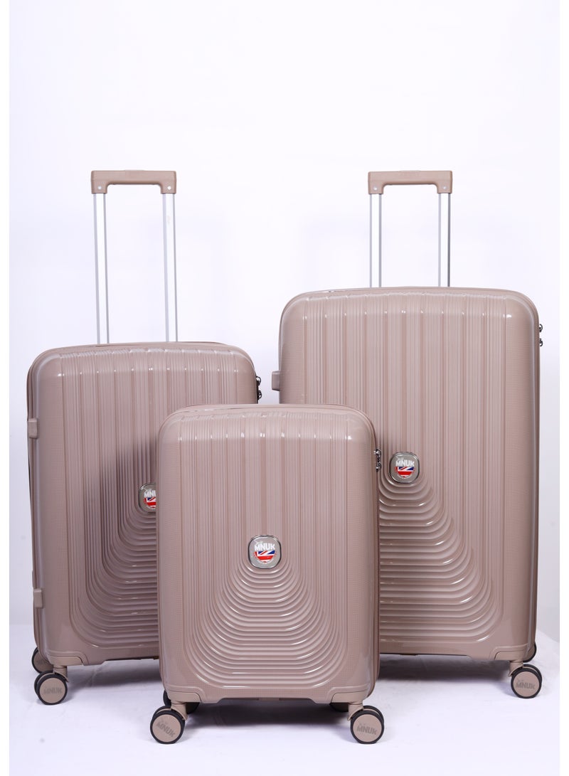 MNUK Viajero Stra Ordinario Set of 3 Luggage|Polypropylene (PP) Hardside Luggage Trolley|Double 360° 4 Wheeler| Cabin-20 Inch, Medium- 24 Inch, Large-28 Inch| Champagne - Image 1