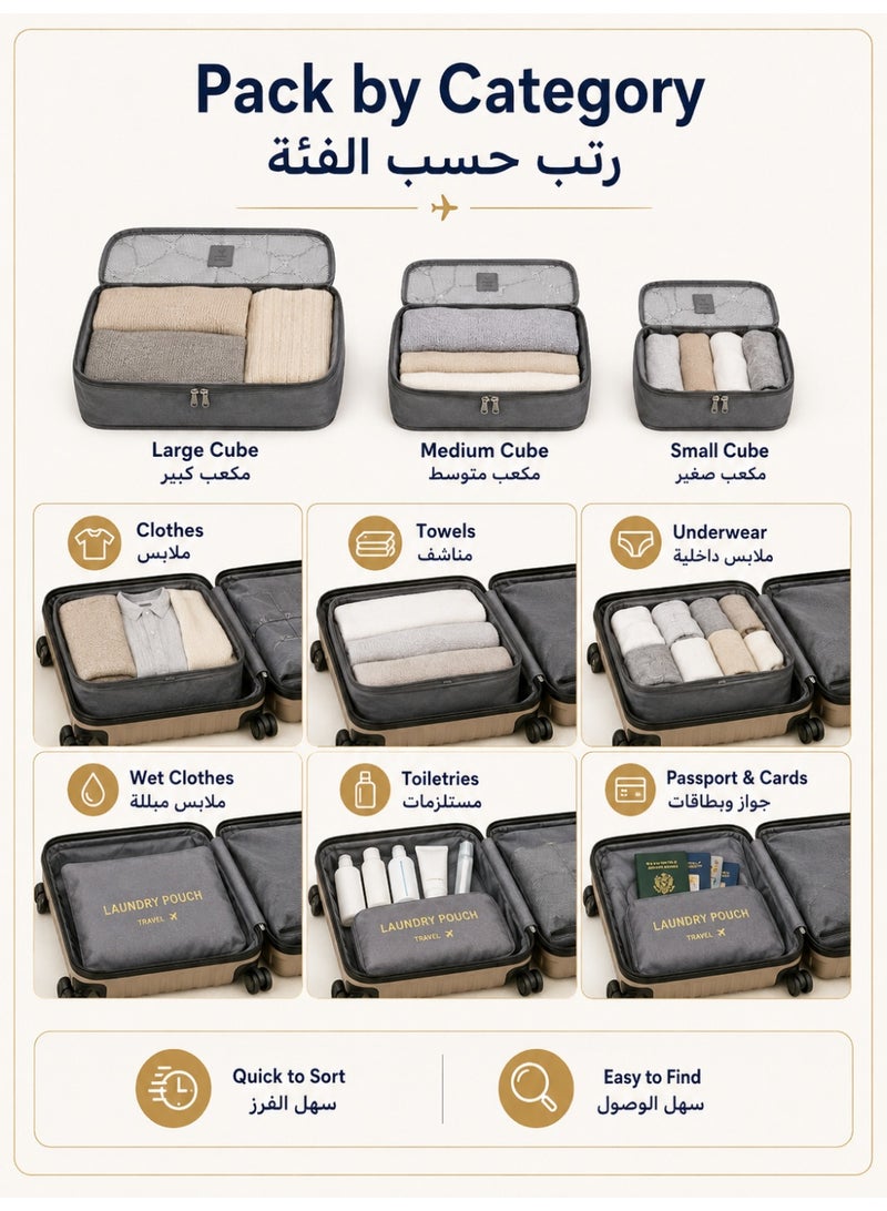 آه آه مجموعة من 6 مكعبات تعبئة ومنظمات لحقائب السفر وحقائب السفر وإكسسوارات السفر (رمادي) - Image 4
