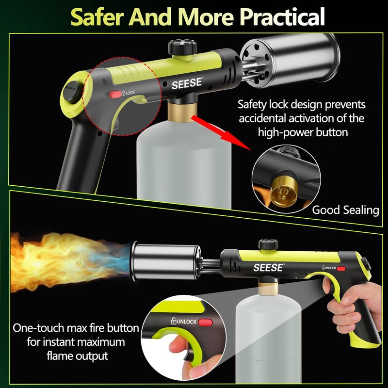 SEESE Powerful Propane Torch Gun,Kitchen Cooking Torch With One-Touch Max Fire, Charcoal Lighter with a Safety Lock, Adjustable Blow Torch for Sous Vide, BBQ, Campfire, Fireplace(Tank Not Included) - Image 4