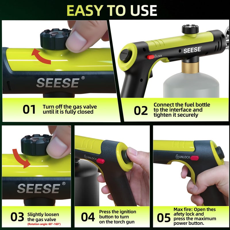SEESE Powerful Propane Torch Gun,Kitchen Cooking Torch With One-Touch Max Fire, Charcoal Lighter with a Safety Lock, Adjustable Blow Torch for Sous Vide, BBQ, Campfire, Fireplace(Tank Not Included) - Image 3