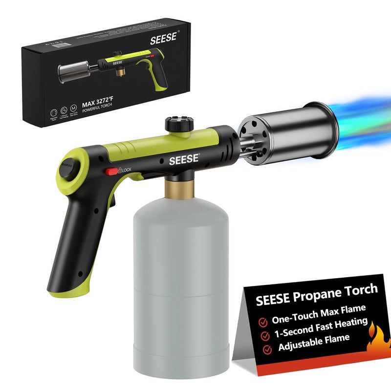 SEESE Powerful Propane Torch Gun,Kitchen Cooking Torch With One-Touch Max Fire, Charcoal Lighter with a Safety Lock, Adjustable Blow Torch for Sous Vide, BBQ, Campfire, Fireplace(Tank Not Included) - Image 1