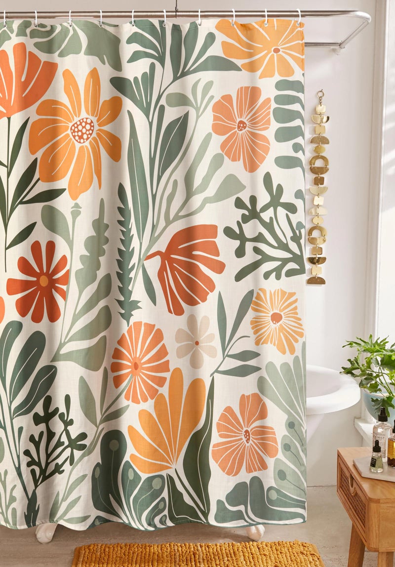 RoomTalks Cute Colorful Floral Faux Linen Shower Curtain for Funky Aesthetic Bathroom Decor  Heavy Duty Modern Abstract Matisse Summer Flowers Plants Botanical Shower Curtain Set