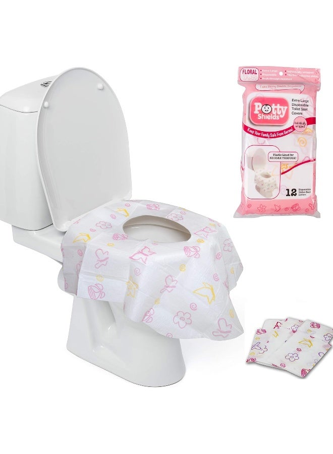 Potty Shields أغطية مقاعد المرحاض القابلة للتصرف (12 عبوة، زهور) - غطاء مرحاض XL مقاوم للماء للأطفال، والكبار - محمول ومغلف بشكل فردي للسفر، وتدريب الأطفال على استخدام المرحاض، والحمامات العامة - Image 1