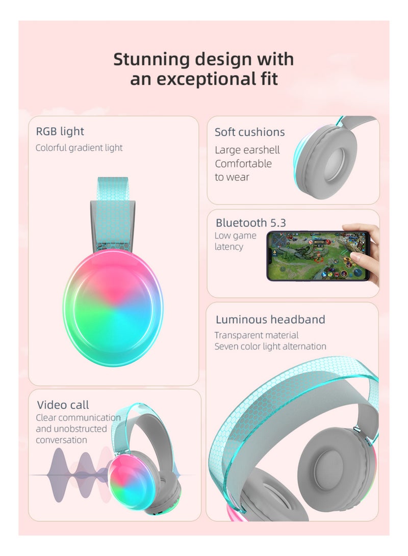 روك بو سماعات بلوتوث فوق الأذن مع سماعة رأس سلكية لاسلكية رائعة RGB مع ميكروفون للهاتف الخليوالكمبيوتر المحمول1 بلوتوث 5.3 فولت صوت عالي الدقة مناسب للألعاب والمعتاد - Image 2