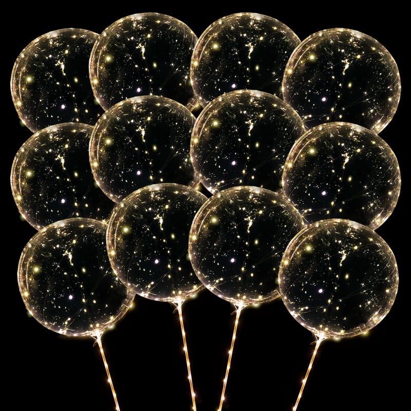 12 Pack Big Light Up BOBO Led Balloons with Sticks  Clear Balloons with Lights Glow in the Dark Flicker in the Daylight  Perfect Glow Party Supplies for Birthday Wedding Graduation