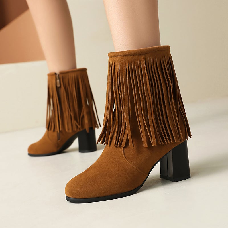 2024 Fashion High Heel Thick Heel Tassel Boots 40-48 Plus Size Suede Low Boots - Image 2