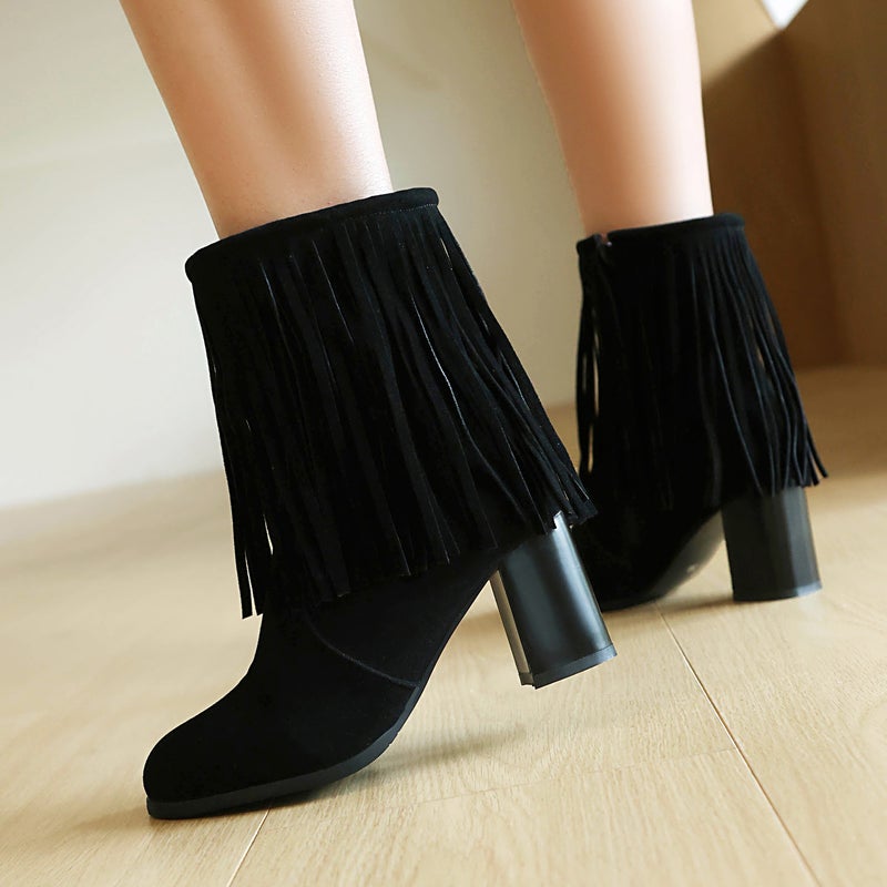 2024 Fashion High Heel Thick Heel Tassel Boots 40-48 Plus Size Suede Low Boots - Image 3