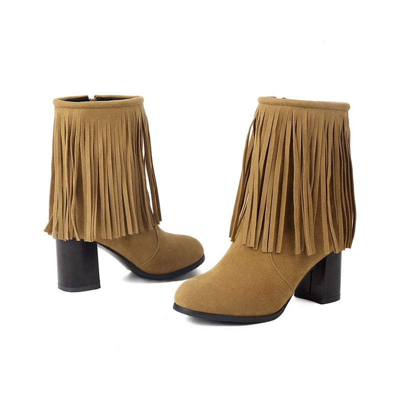 2024 Fashion High Heel Thick Heel Tassel Boots 40-48 Plus Size Suede Low Boots - Image 1