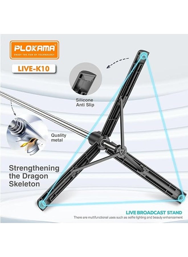 PLOKAMA LIVE-K10 200cm Live Broadcast Stand – Adjustable Tripod Phone Holder with Ring Light Mount, Overhead Arm, Stable Base for Live Streaming, Video Recording, TikTok, YouTube, Makeup, Online Classes - Image 5