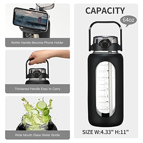 chunmo 64oz Glass Water Bolttles with Straw Half Gallon Large Motivational Water Bottle with Time Marker Sports Water Bottles with Silicone Sleeve and Handle Lid Water Jug for Gym Workout - Image 4