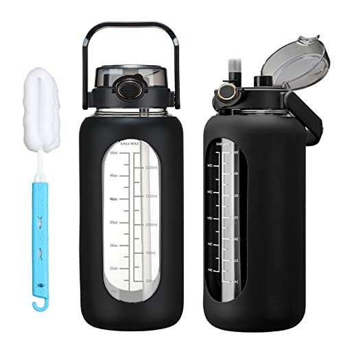 chunmo 64oz Glass Water Bolttles with Straw Half Gallon Large Motivational Water Bottle with Time Marker Sports Water Bottles with Silicone Sleeve and Handle Lid Water Jug for Gym Workout - Image 1