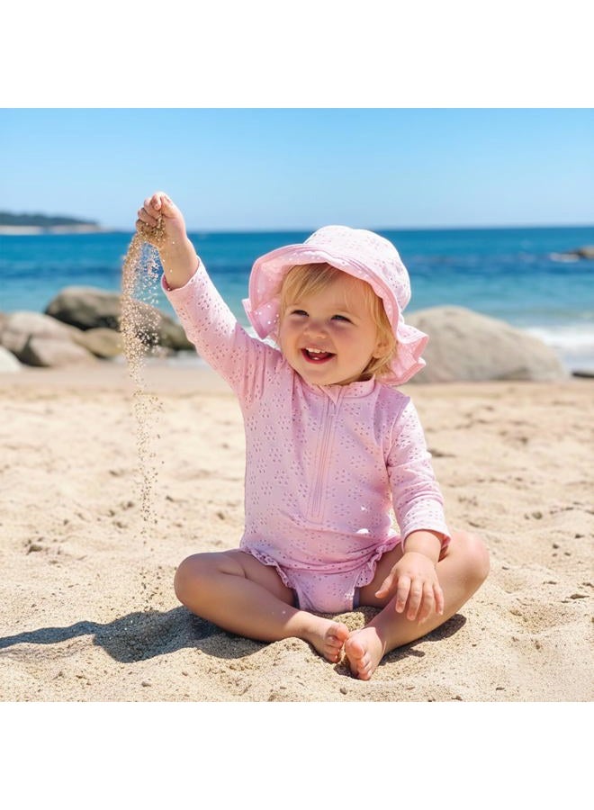 Yccutest Toddler Girl Solid Swimsuit Baby Long Sleeve Rash Guard Bathing Suit Girl One Piece Hollow Out Swimwear with Sun Hat, Pink, 18-24 Months - Image 2