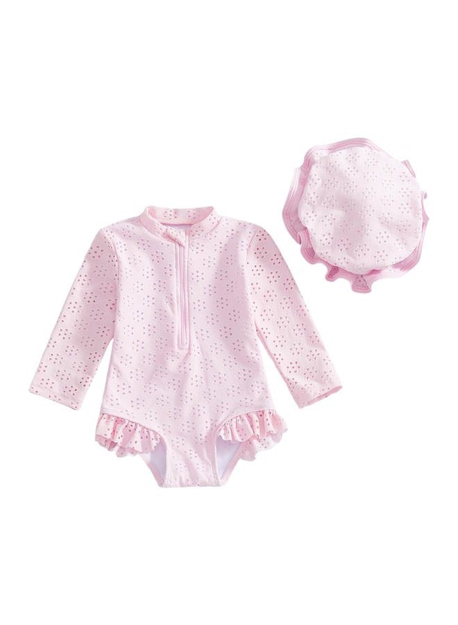 Yccutest Toddler Girl Solid Swimsuit Baby Long Sleeve Rash Guard Bathing Suit Girl One Piece Hollow Out Swimwear with Sun Hat, Pink, 18-24 Months - Image 1