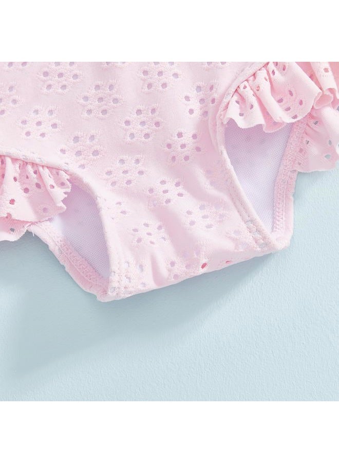 Yccutest Toddler Girl Solid Swimsuit Baby Long Sleeve Rash Guard Bathing Suit Girl One Piece Hollow Out Swimwear with Sun Hat, Pink, 18-24 Months - Image 5