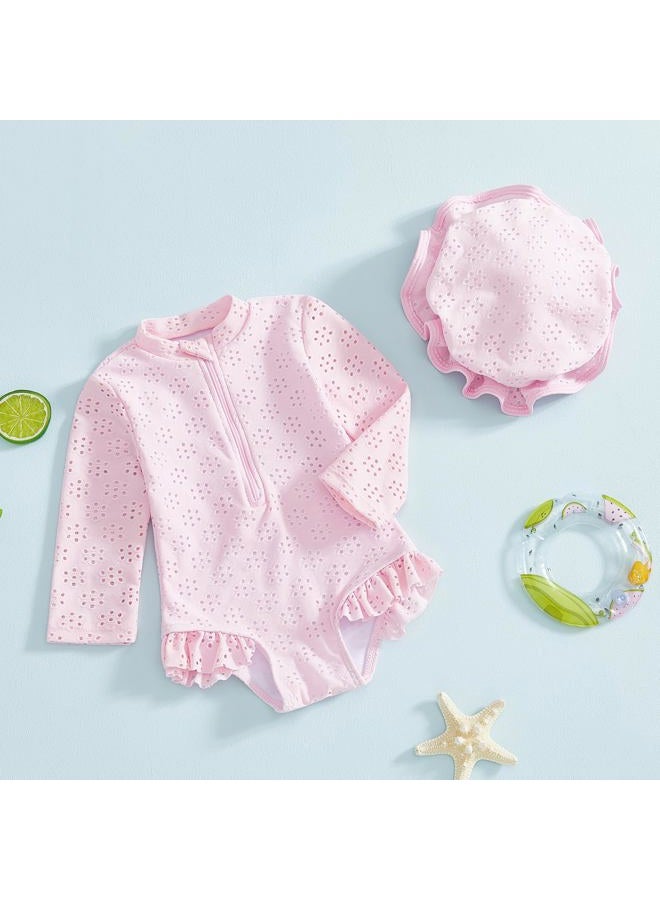 Yccutest Toddler Girl Solid Swimsuit Baby Long Sleeve Rash Guard Bathing Suit Girl One Piece Hollow Out Swimwear with Sun Hat, Pink, 18-24 Months - Image 3
