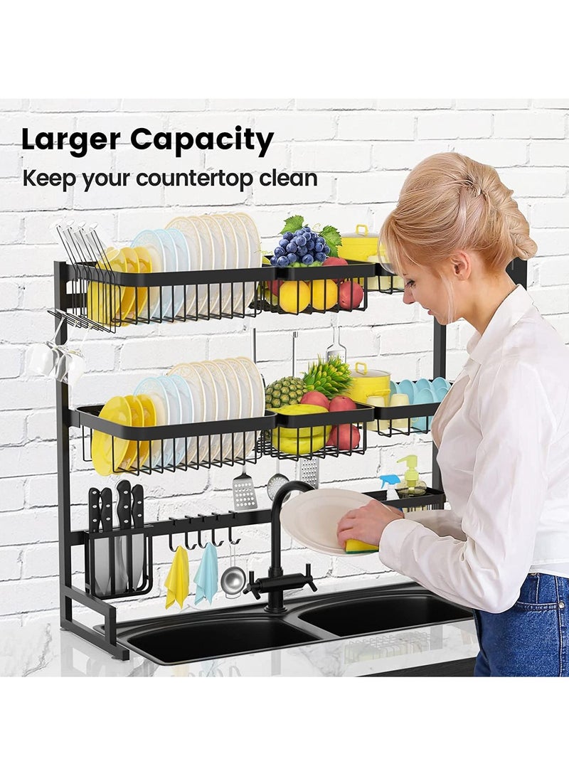 DubaiGallery حامل تجفيف الأطباق ذو 3 طبقات فوق الحوض - منظم مطبخ مدمج وموفر لمساحة التخزين ذو 3 مستويات لحوض الأطباق وحامل الأدوات (فولاذ مقاوم للصدأ، حامل أطباق أسود) - Image 2