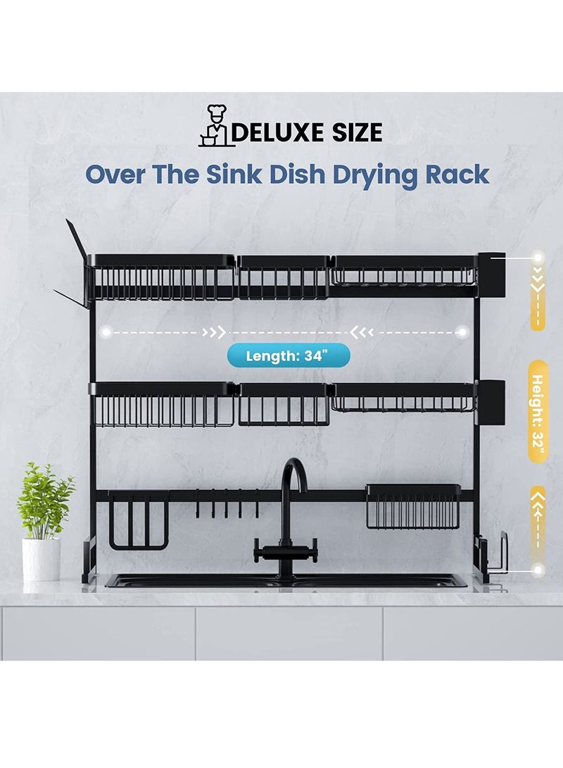 DubaiGallery حامل تجفيف الأطباق ذو 3 طبقات فوق الحوض - منظم مطبخ مدمج وموفر لمساحة التخزين ذو 3 مستويات لحوض الأطباق وحامل الأدوات (فولاذ مقاوم للصدأ، حامل أطباق أسود) - Image 4
