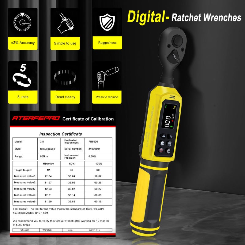 ATsafepro 3/8-Inch Digital Drive Torque Wrench-1-60Nm (1-44 ft-lb),High-Precision Torque Wrench with Buzzer, LED Flash, 5 Units, for Motorcycle & Home Repairs - Image 5
