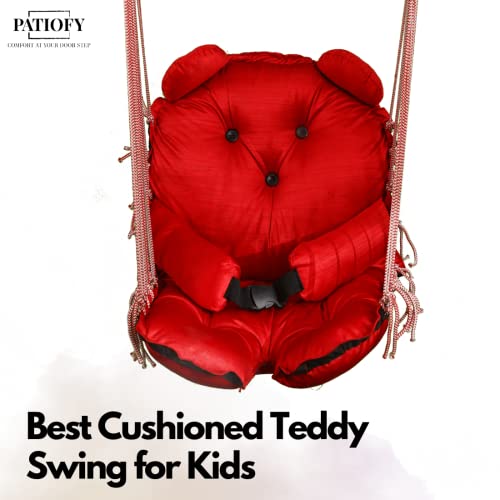 Patiofy Cushioned Teddy Baby Jhula Swing || Swing for Home || Suitable for 1 to 5 Years Babies & Kids || Cotton Rope Baby Swing Chair || Red - Image 4
