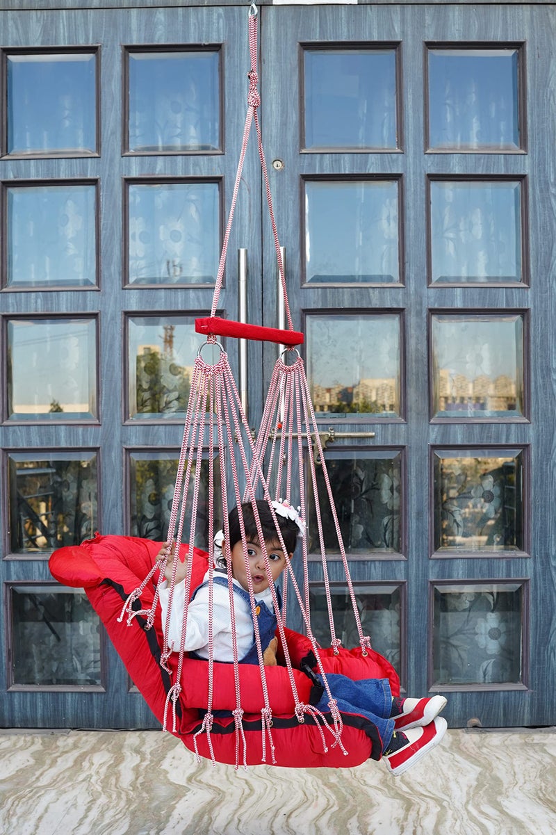 Patiofy Cushioned Teddy Baby Jhula Swing || Swing for Home || Suitable for 1 to 5 Years Babies & Kids || Cotton Rope Baby Swing Chair || Red - Image 2