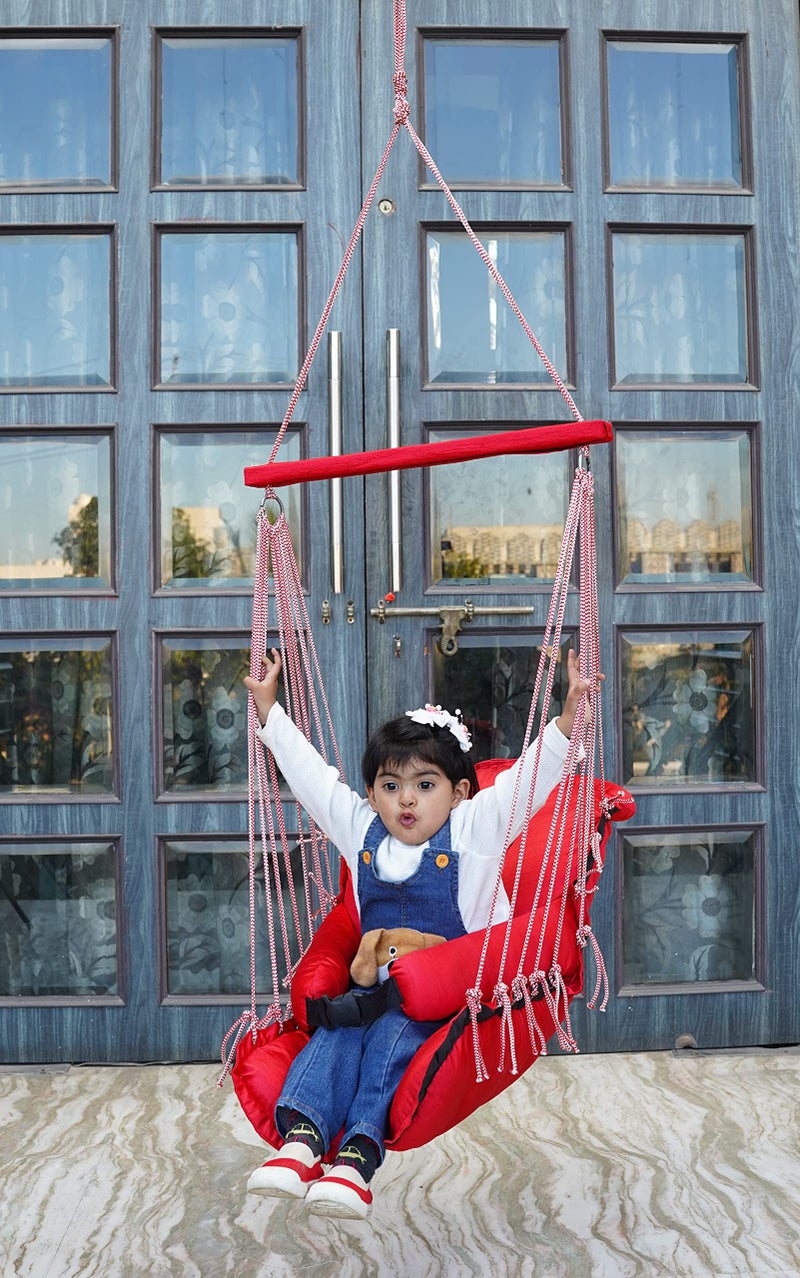 Patiofy Cushioned Teddy Baby Jhula Swing || Swing for Home || Suitable for 1 to 5 Years Babies & Kids || Cotton Rope Baby Swing Chair || Red - Image 1