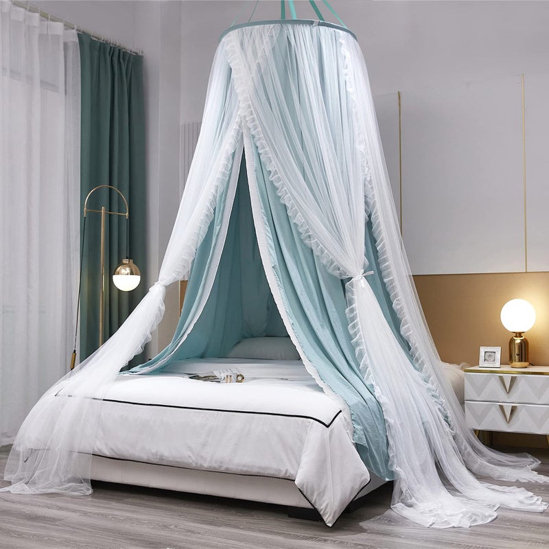 VETHIN Double Layer Princess Round Dome Canopy Bed Curtain for Girls AdultsChildren Dreamy Mosquito NetCute Bedroom Decoration Castle Play Tent Reading Nook Canopies DomeGreenWhite