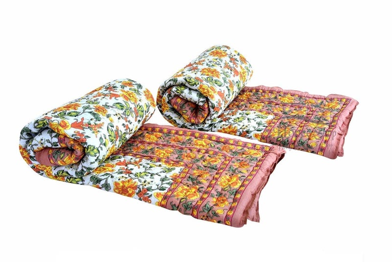 LOARSHY Pure Cotton 300 TC Garden Flower Printed Quilt | Lightweight and Warm Jaipuri Rajasthani Single Bed Razai | Soft Razai for Winters (Beige, Pack of 1) - Image 2