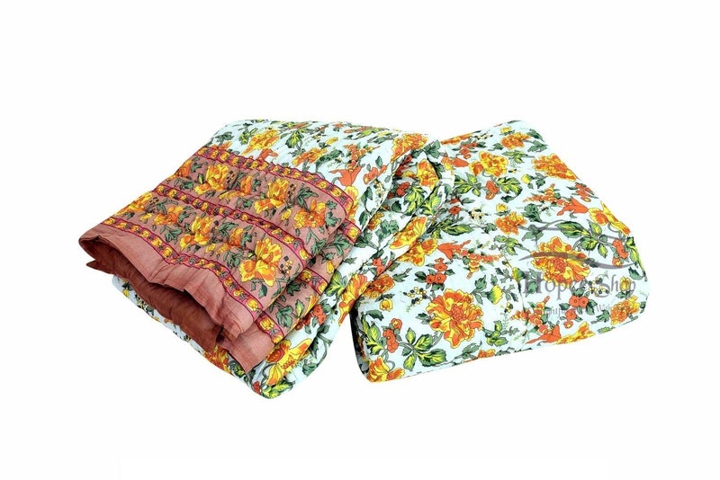 LOARSHY Pure Cotton 300 TC Garden Flower Printed Quilt | Lightweight and Warm Jaipuri Rajasthani Single Bed Razai | Soft Razai for Winters (Beige, Pack of 1) - Image 1