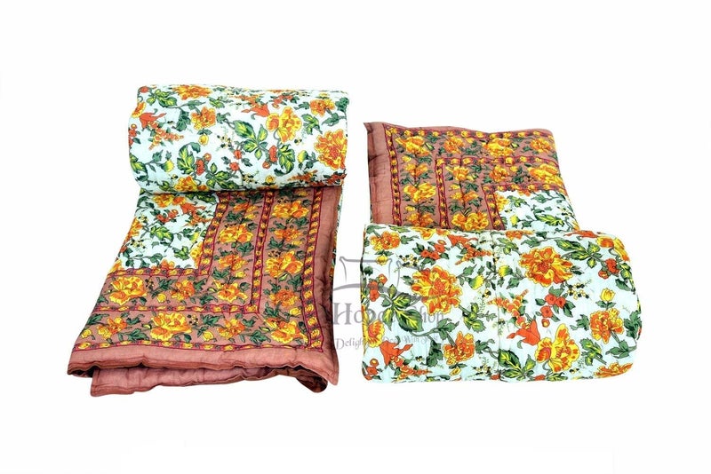 LOARSHY Pure Cotton 300 TC Garden Flower Printed Quilt | Lightweight and Warm Jaipuri Rajasthani Single Bed Razai | Soft Razai for Winters (Beige, Pack of 1) - Image 3