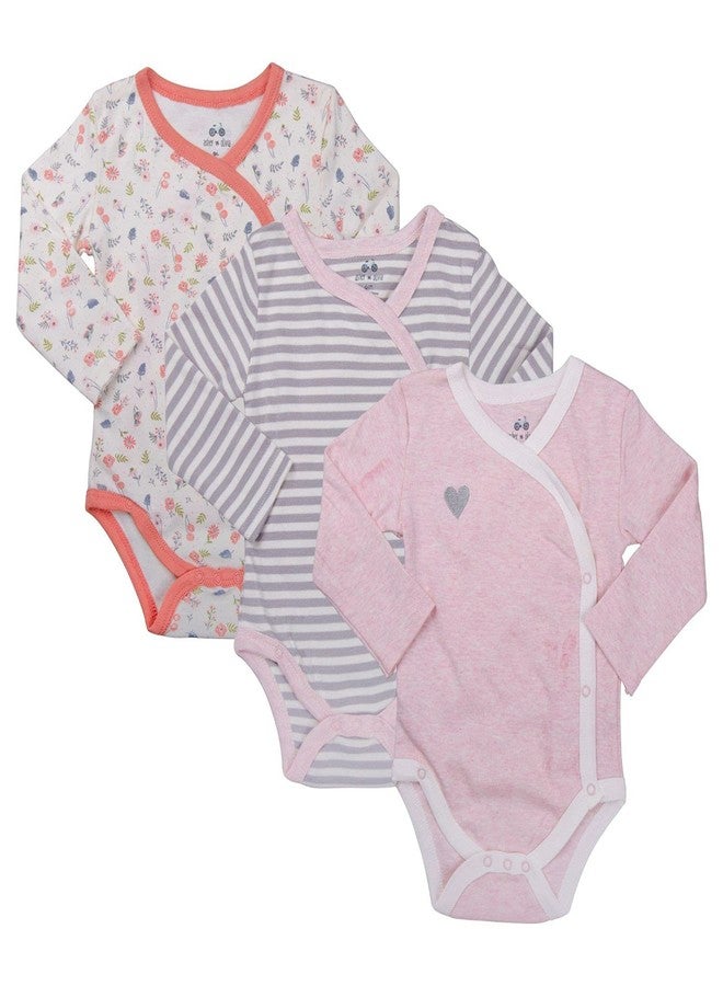 Asher and Olivia Baby Girl's 3-Pack Long-Sleeve Kimono Bodysuit Set -Side Snap Infant Bundle Light Pink, Stripes, Flower 0-3 Months - Image 1