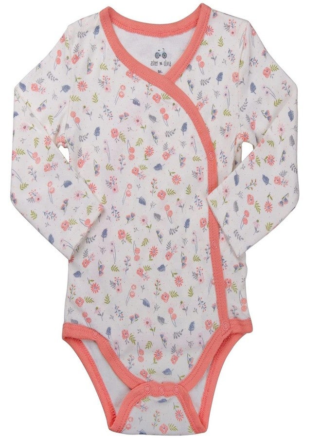 Asher and Olivia Baby Girl's 3-Pack Long-Sleeve Kimono Bodysuit Set -Side Snap Infant Bundle Light Pink, Stripes, Flower 0-3 Months - Image 4
