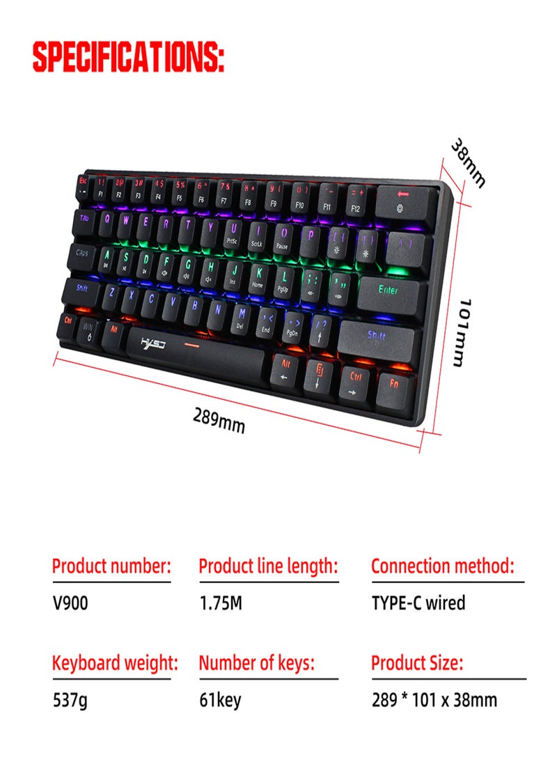 HXSJ V900 Wired 61-key Compact Mechanical Keyboard RGB Backlit Keyboard N-key Rollover Blue Switch Double Shot Keycaps, White - Image 4
