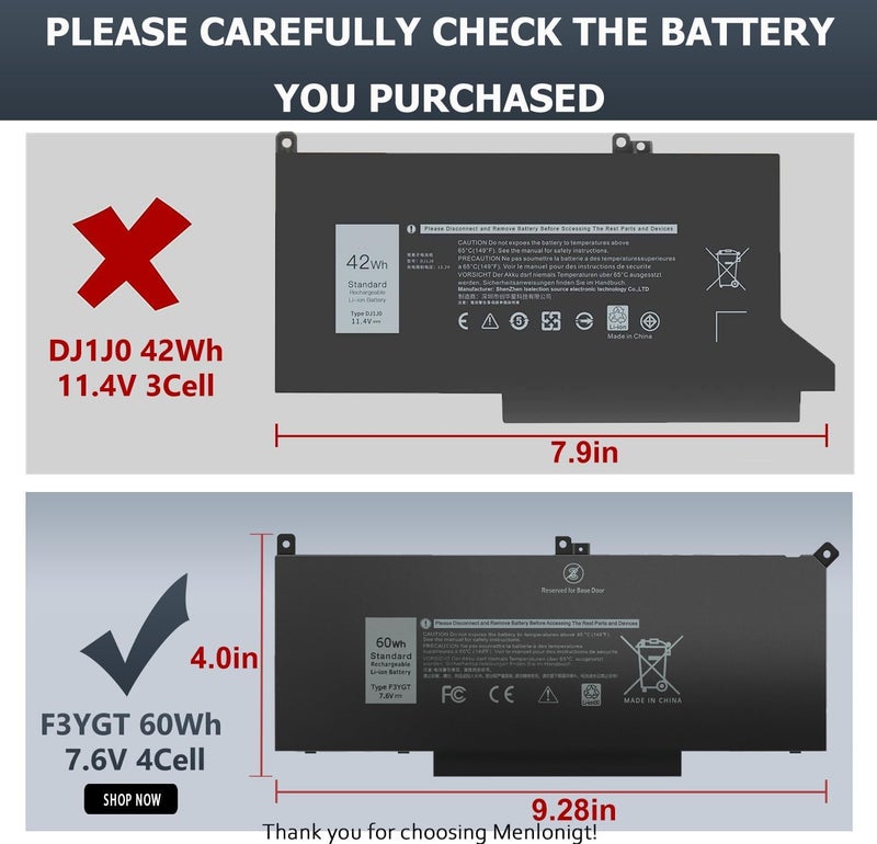 WeFly Laptop Battery for Dell Latitude 7280 7290 7480 7490 7380 7390 F3YGT DM3WC 0DM3WC 2X39G 0F3YGT DM6WC - Image 2