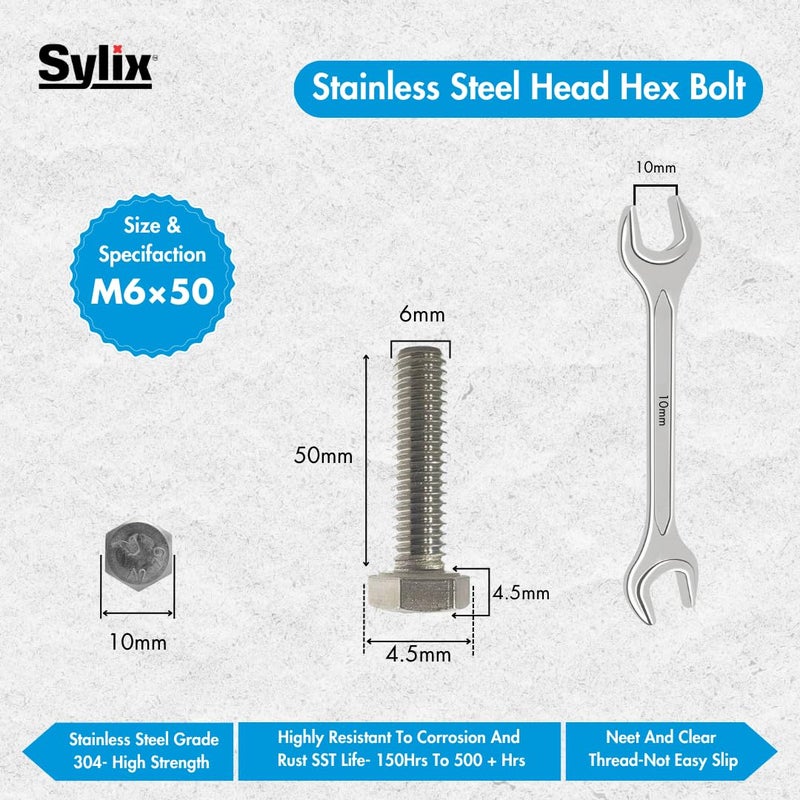 SYLIX برغي رأس سداسي من الفولاذ المقاوم للصدأ SYLIX 6MM مع صمولة وغسالة 50 مم 25 قطعة - Image 4