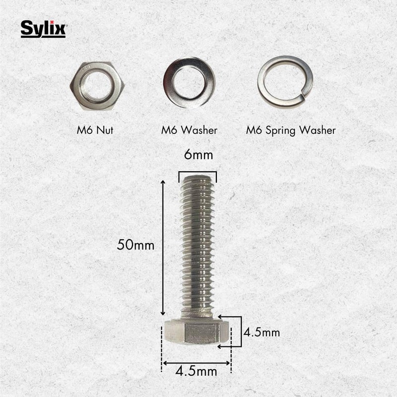 SYLIX برغي رأس سداسي من الفولاذ المقاوم للصدأ SYLIX 6MM مع صمولة وغسالة 50 مم 25 قطعة - Image 3