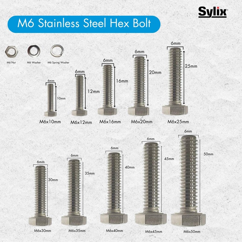 SYLIX برغي رأس سداسي من الفولاذ المقاوم للصدأ SYLIX 6MM مع صمولة وغسالة 50 مم 25 قطعة - Image 5