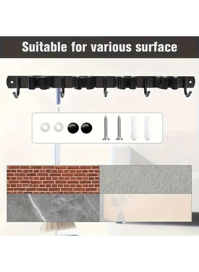 Stainless Steel Wall Mounted Mop Broom Holder With 4 Clips And 5 Hooks Silvery - Image 2