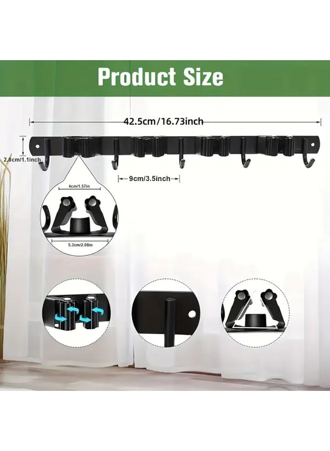 Stainless Steel Wall Mounted Mop Broom Holder With 4 Clips And 5 Hooks Silvery - Image 3
